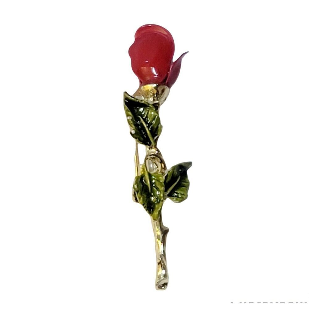 Gorgeous Vintage 2" Long Stem Red Rose Brooch Pin - Picture 3 of 5